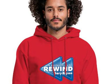 Guy wearing a red Rewind with Gary Bryan Hoodie