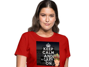 Woman wearing a red Keep Calm and Gary On Shirt