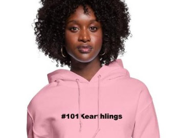 Model wearing a pink hoodie with the 101 Kearthling logo