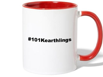 White coffee mug with red handle and 101 Kearthling logo